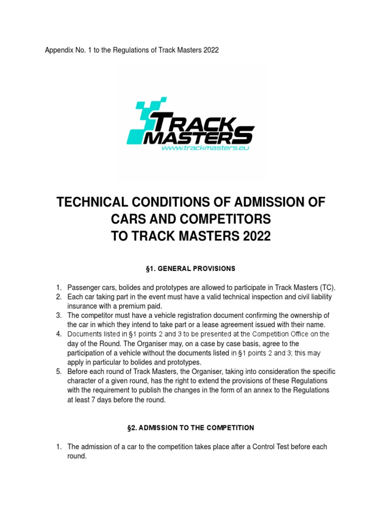 Appendix No. 1 Technical Conditions of Admission of Cars and