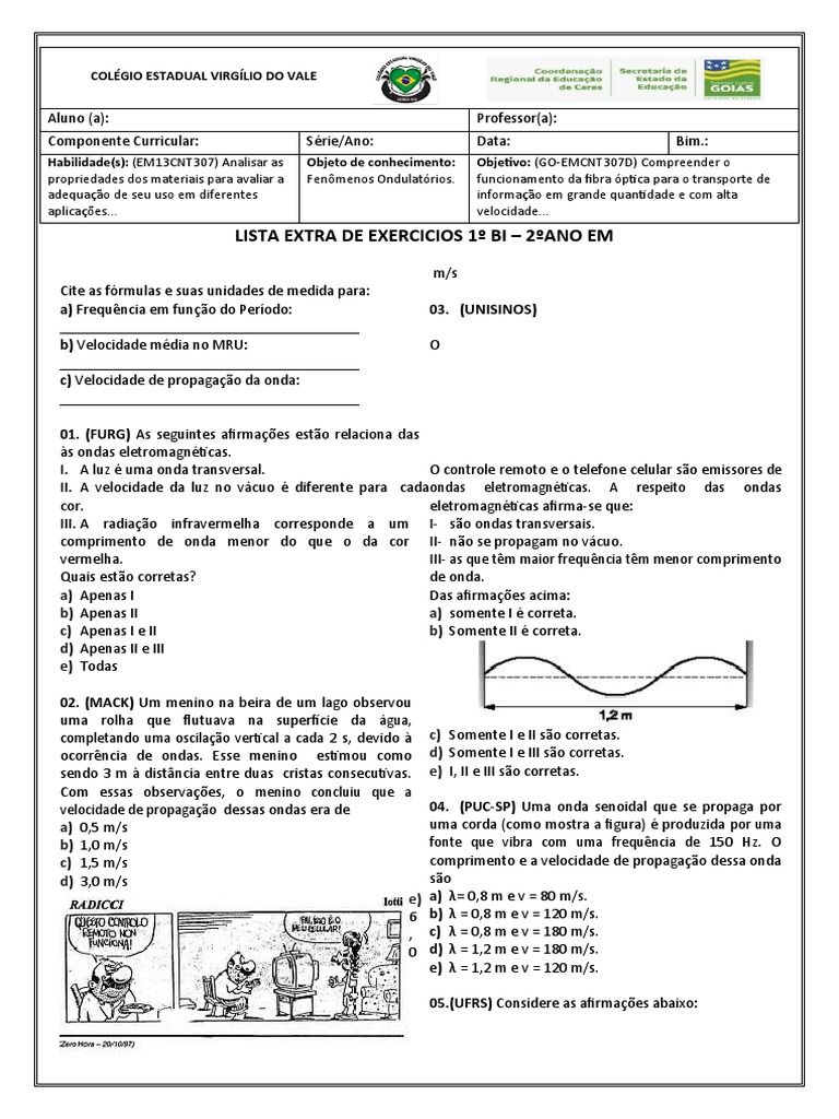 Lista Exercicios 2 Ano 1 Bi Fisica Com Cabecalho Cevv | PDF | Ondas | Som