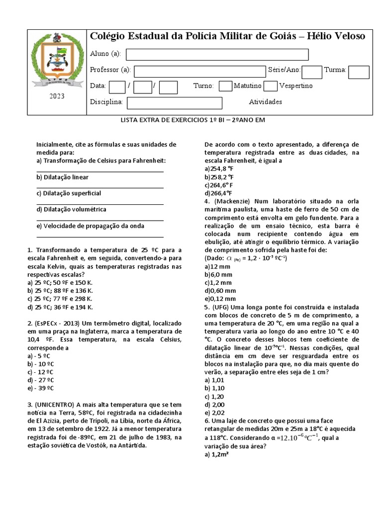 Lista Exercicios 2 Ano 1 Bi Fisica Com Cabecalho | PDF | Radiação ...