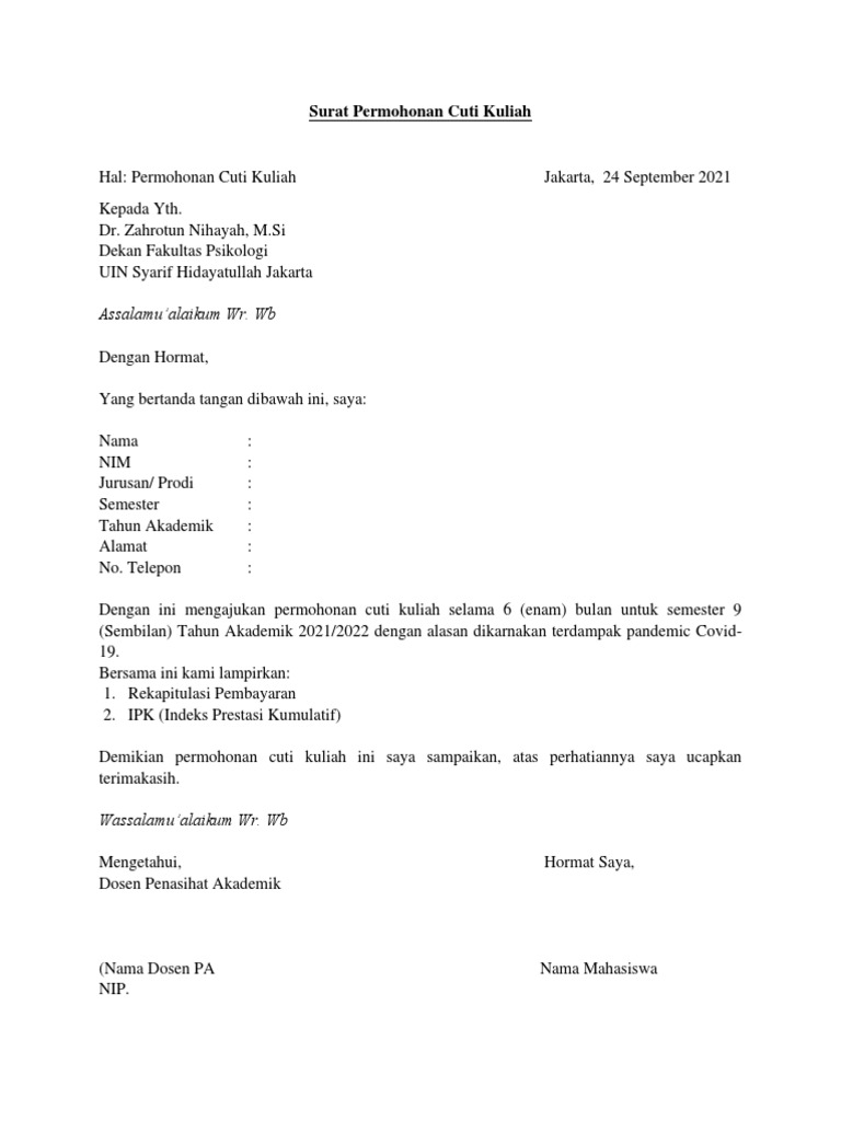 Surat Permohonan Cuti Kuliah PDF | PDF