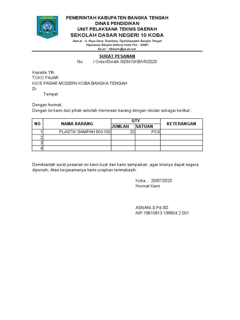 Surat Pesanan Sekolah Dasar Koba | PDF
