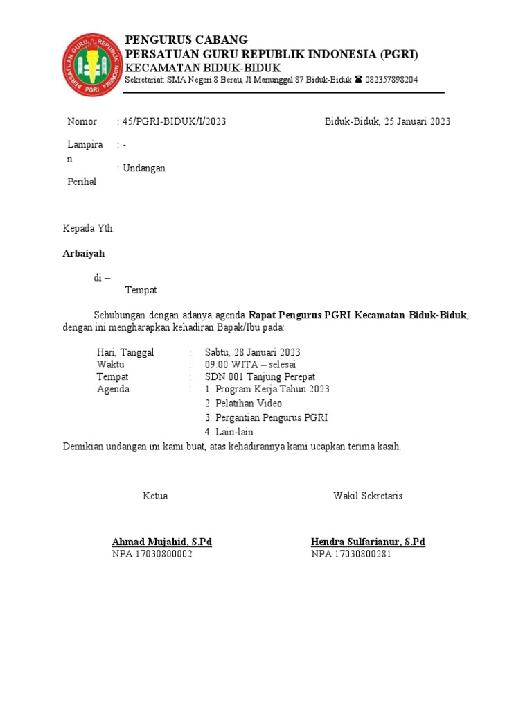 Undangan 2023 Rapat Pengurus | PDF