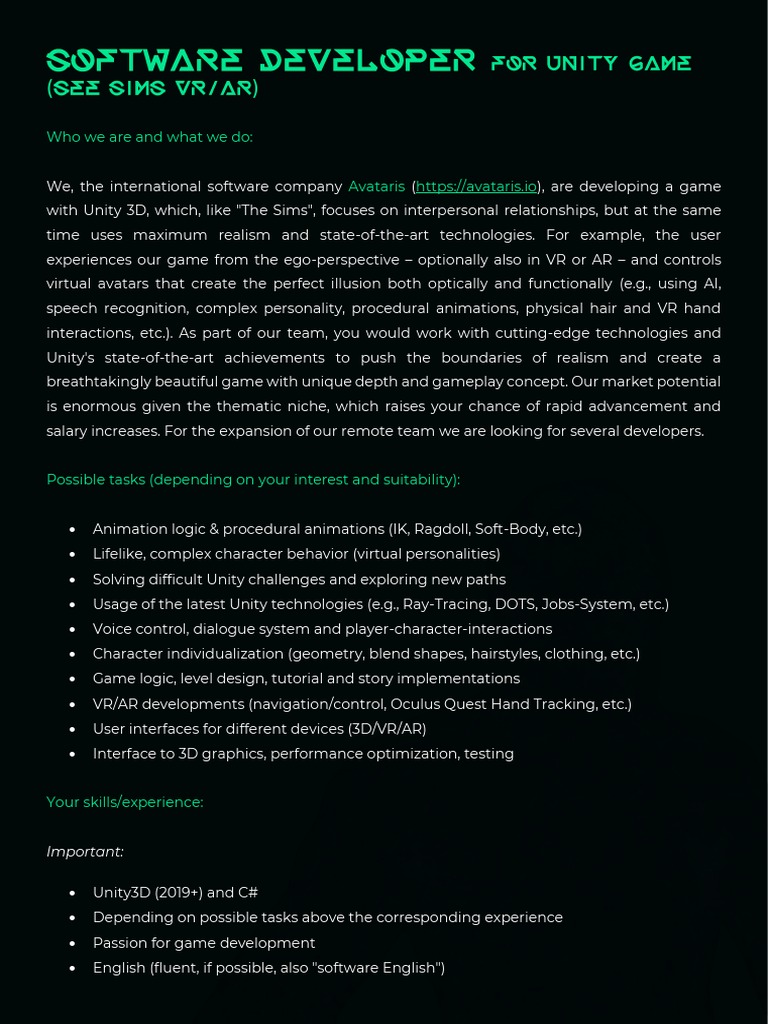 Job Description Developer | PDF | Virtual Reality | Computing