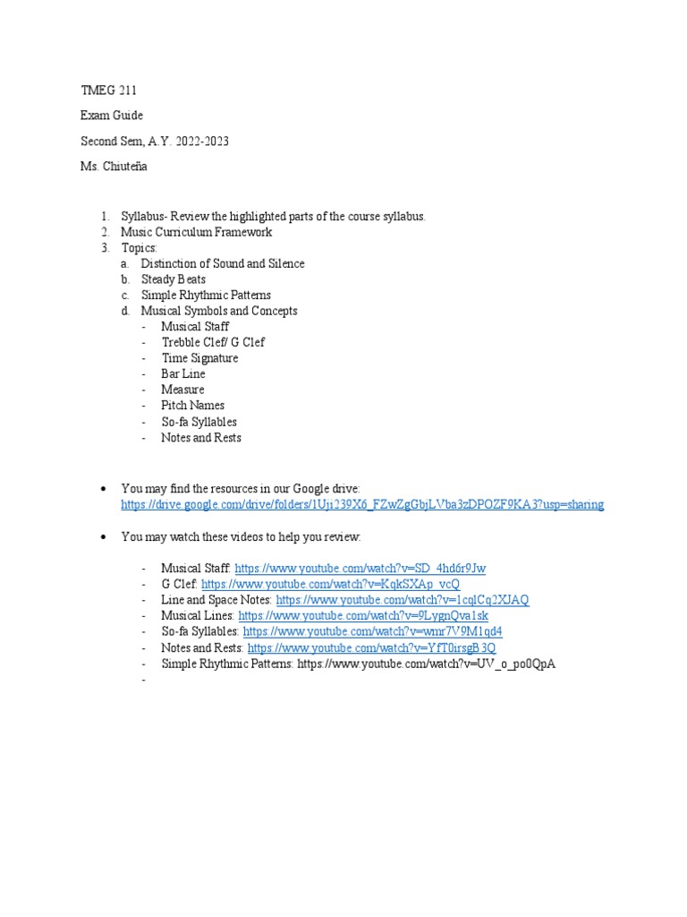 TMEG 211 Exam Guide for Music Theory | PDF