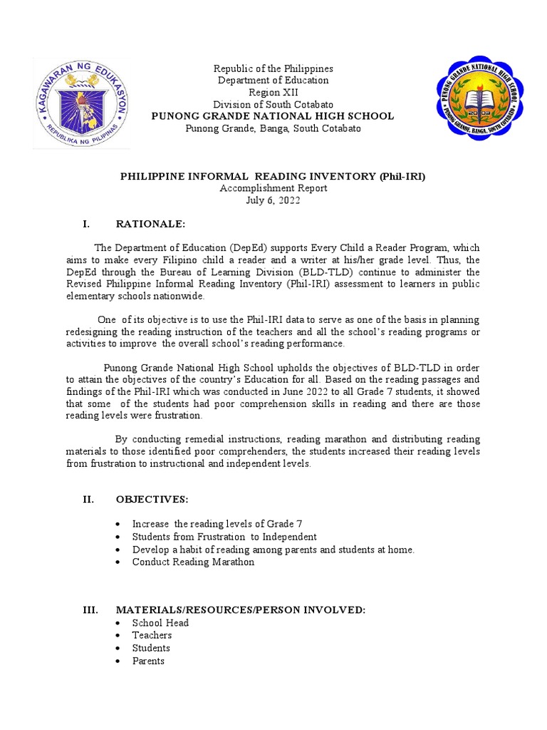 Accomplishment report phil iri pdf reading comprehension