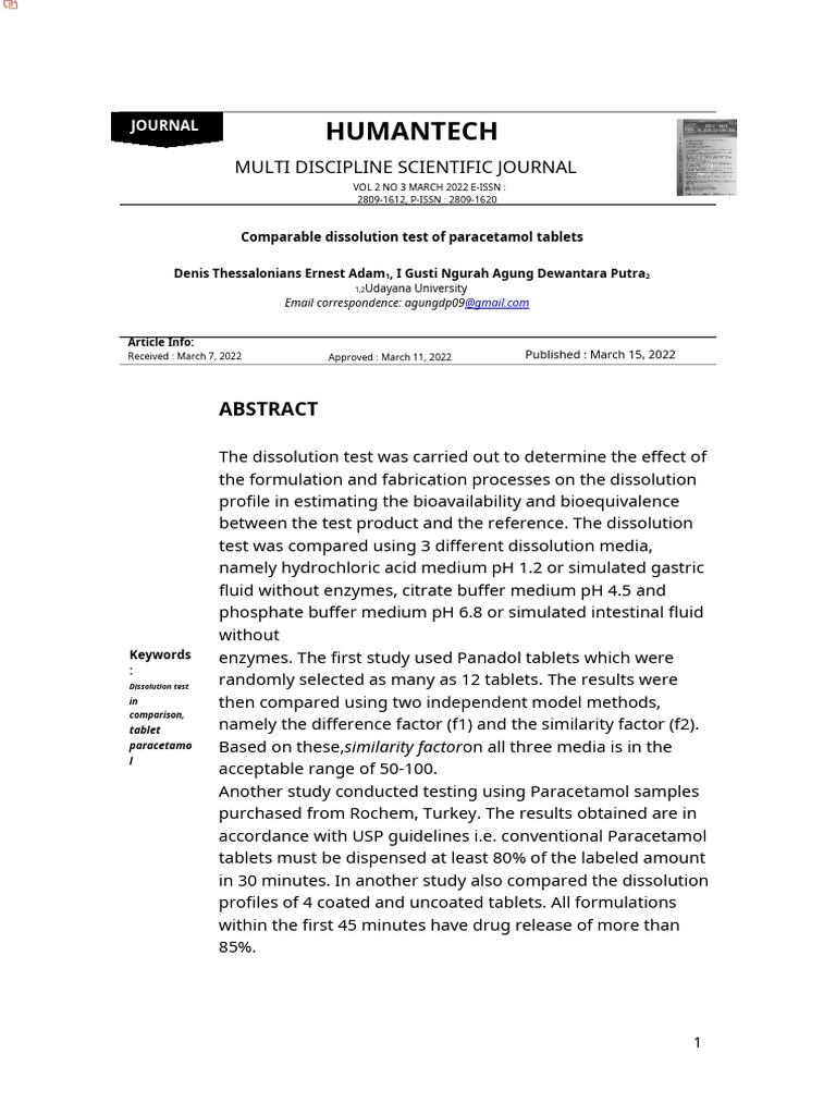 Paracetamol Tablet Dissolution Study | PDF | Generic Drug | Tablet ...