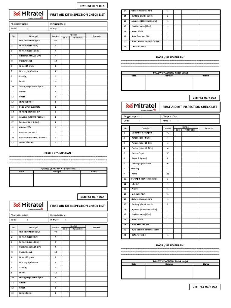 First Aid Kit Inspection Check List PDF