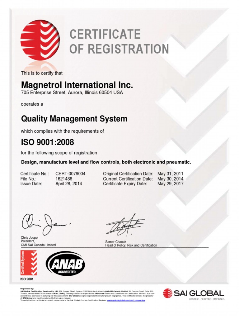 Magnetrol ISO 9001:2008 Certification | PDF | Business