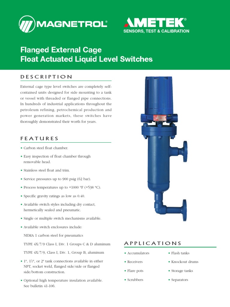 Flanged External Cage Float Actuated Liquid Level Switches PDF