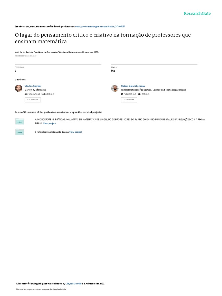 O Lugar Do Pensamento Crítico e Criativo Na Formação de Professores Que ...