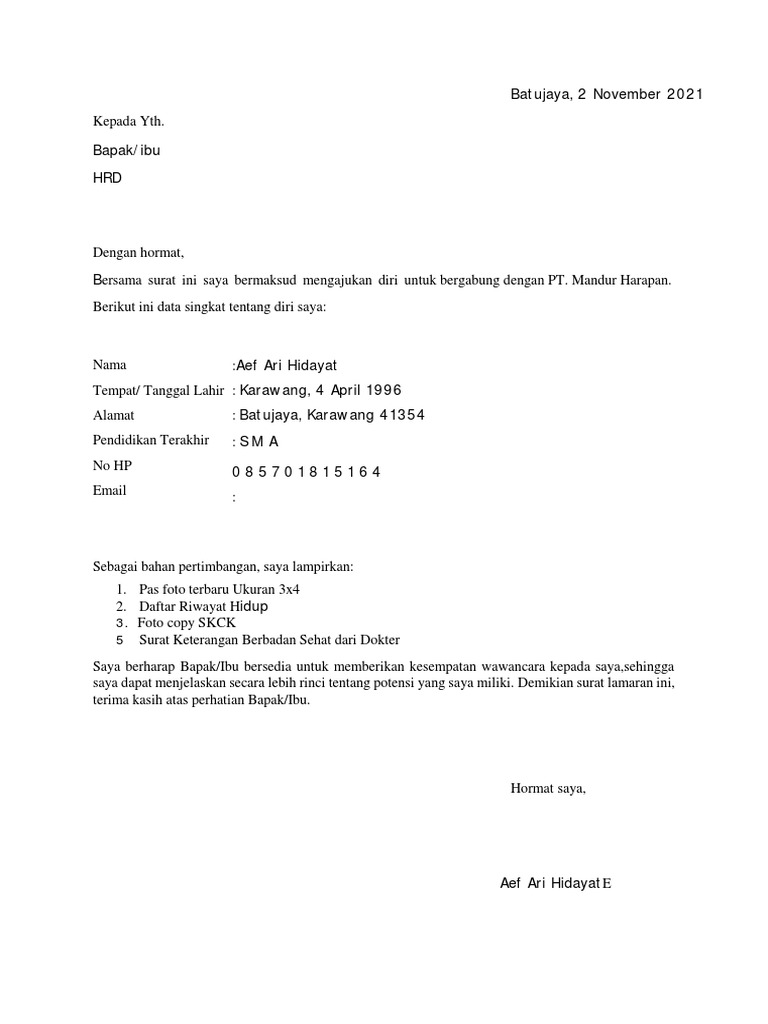 Contoh surat lamaran pekerjaan berdasarkan iklan lowongan kerja