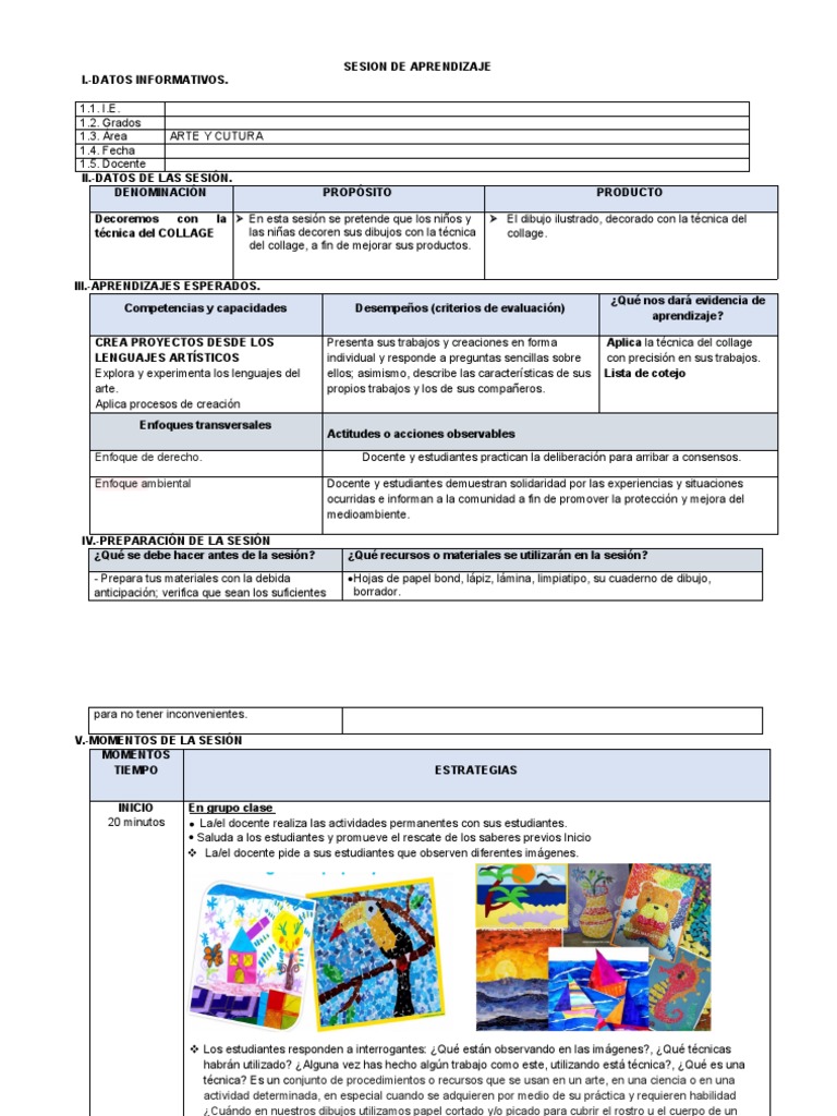 Sesion de Aprendizaje Arte y Cultura Unidocente | PDF | Collage | Dibujo
