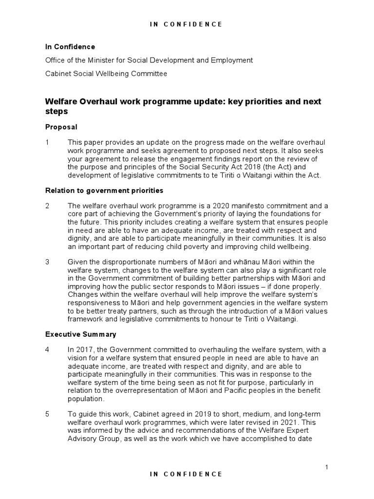 Welfare Overhaul Work Programme Update Key Priorities and Next Steps