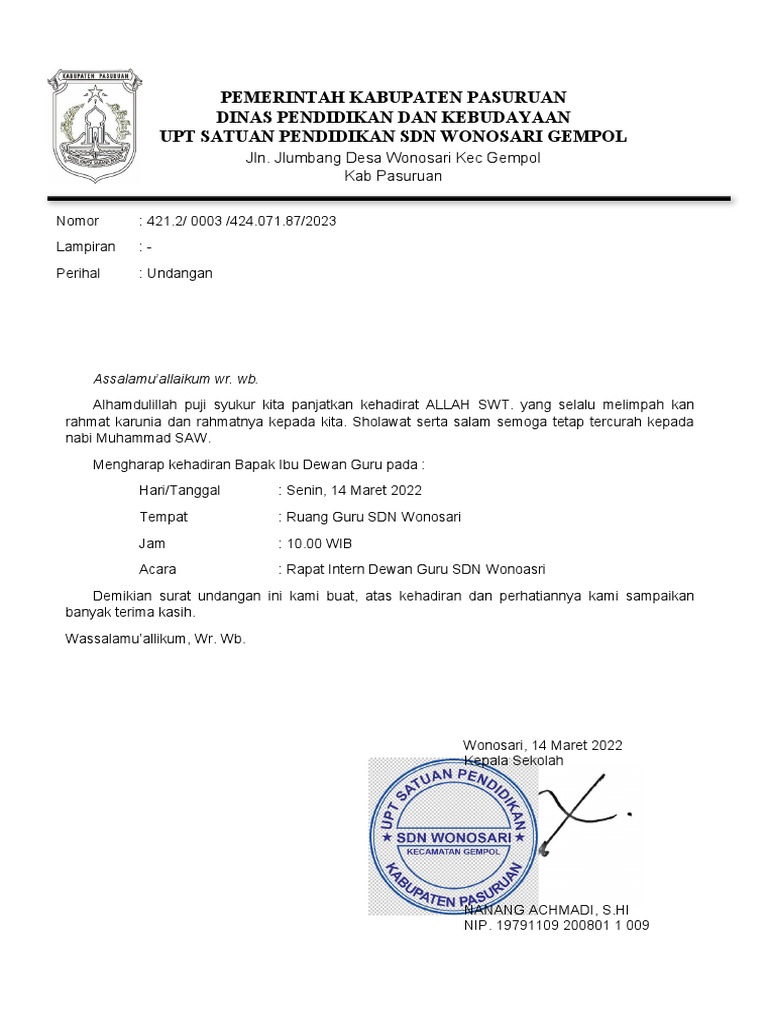 Undangan Rapat Dewan Guru | PDF