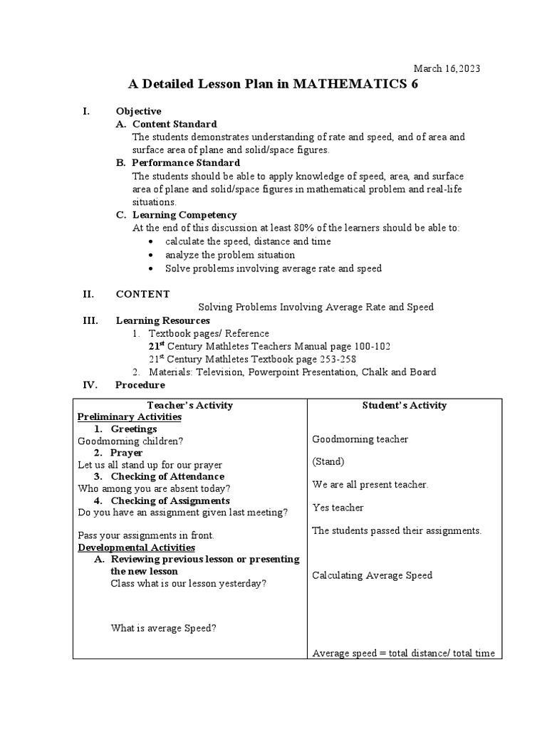 Grade 6 Math Lesson Plan: Speed & Area | PDF | Speed | Lesson Plan