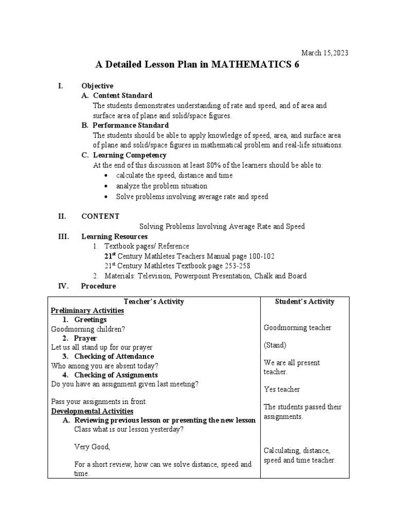 Average Speed Lesson Plan for Grade 6 | PDF | Speed | Lesson Plan