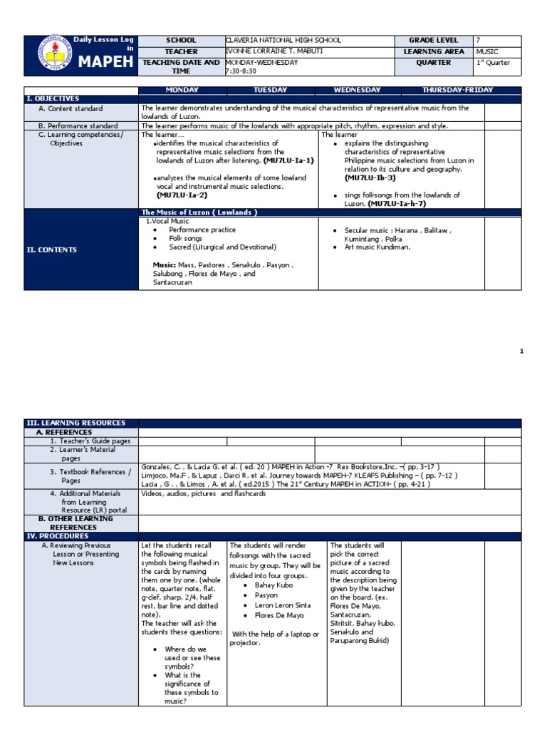 Grade 7 Music Lesson Plan: Luzon Folk Music | PDF | Learning | Behavior ...