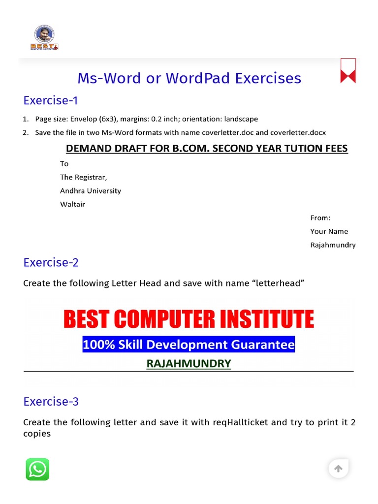 Word Exercises - Best Computer Institute | PDF