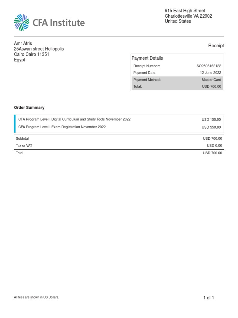 Cfa level i study materials and exam registration receipt pdf