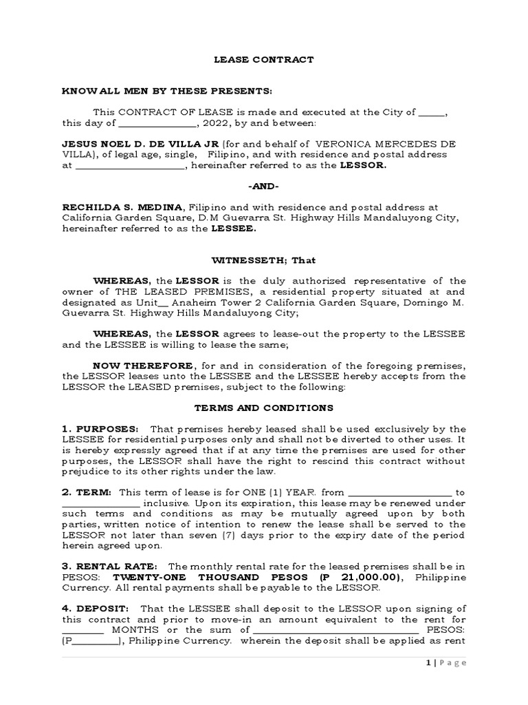 Contract of Lease Rechilda Medina PDF Lease Law And Economics