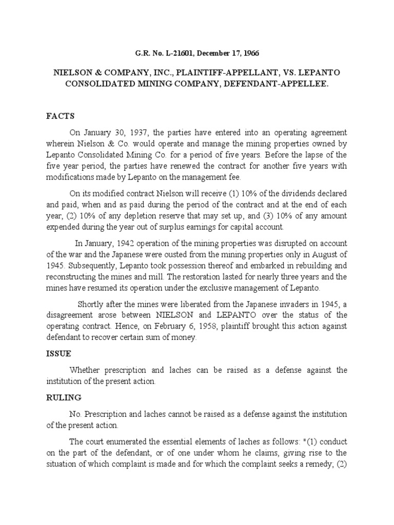 Nielson and Co., Vs Lepanto Mining, Co 18 SCRA 1040 PDF Laches