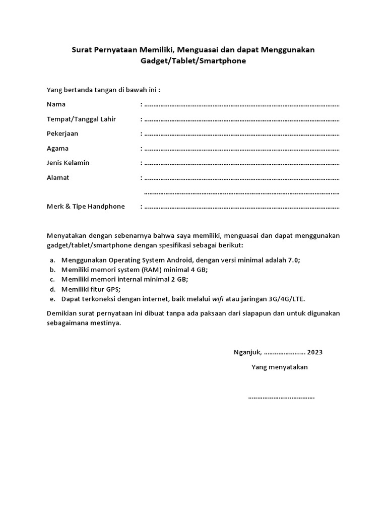 Surat Pernyataan Memiliki Hp Pdf Pdf