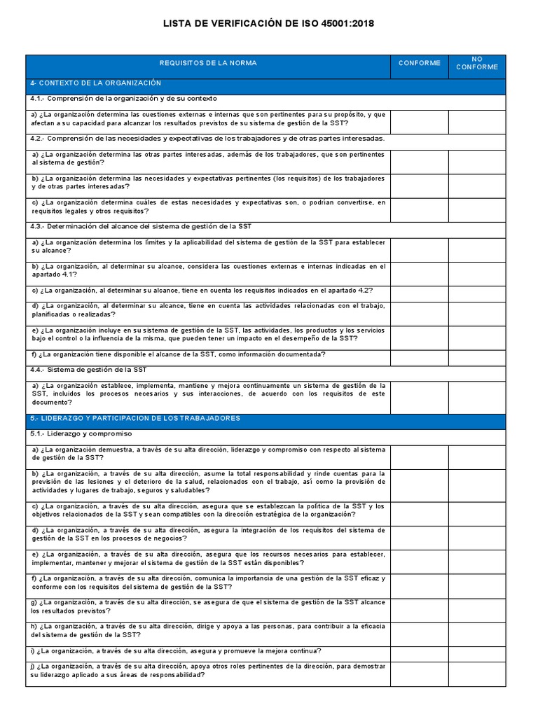 Lista de Verificación ISO 45001.2018 | PDF | Planificación | Evaluación