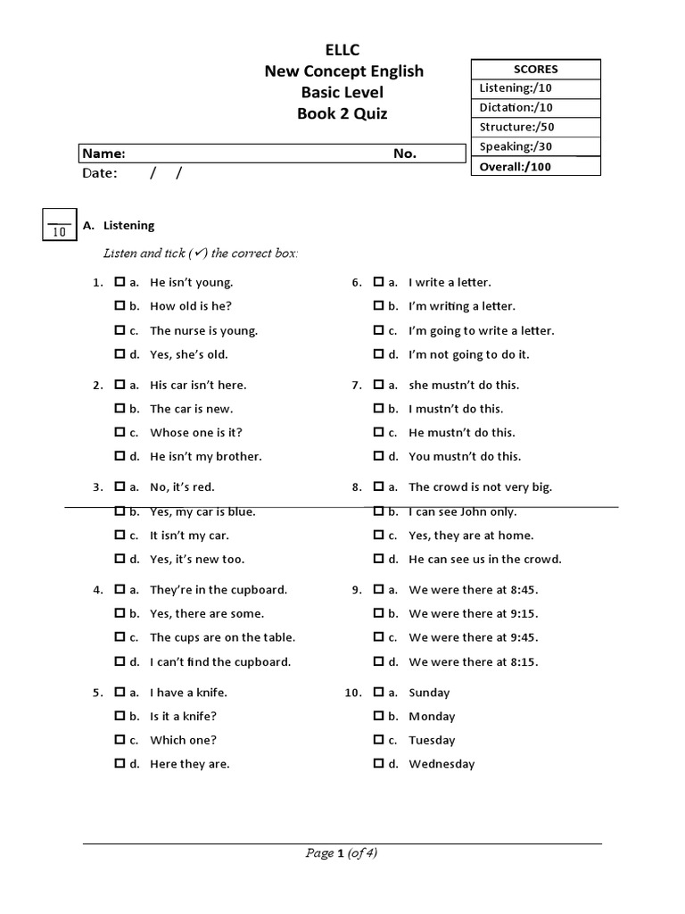 ELL Basic Level Listening and Language Skills Assessment PDF