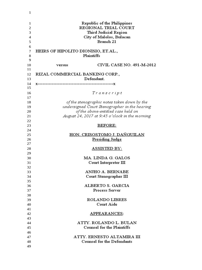 Cross-Examination Transcript: Dionisio vs. RCBC | PDF | Witness | Affidavit