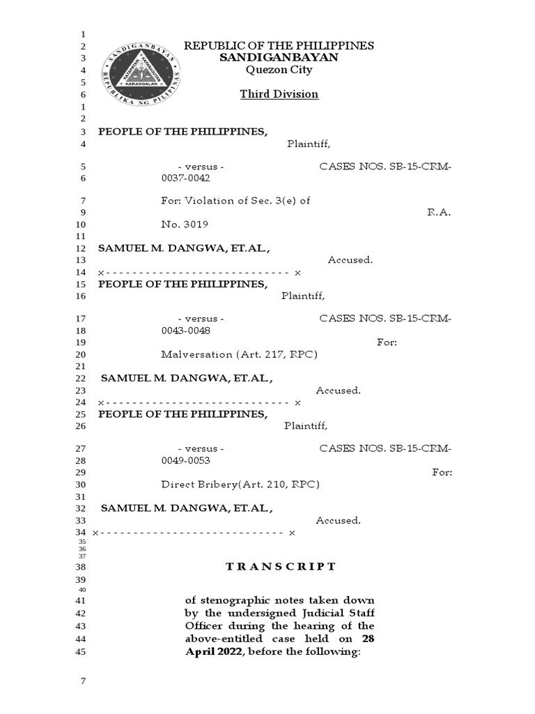 Hearing Transcript: People vs. Dangwa | PDF | Testimony | Witness