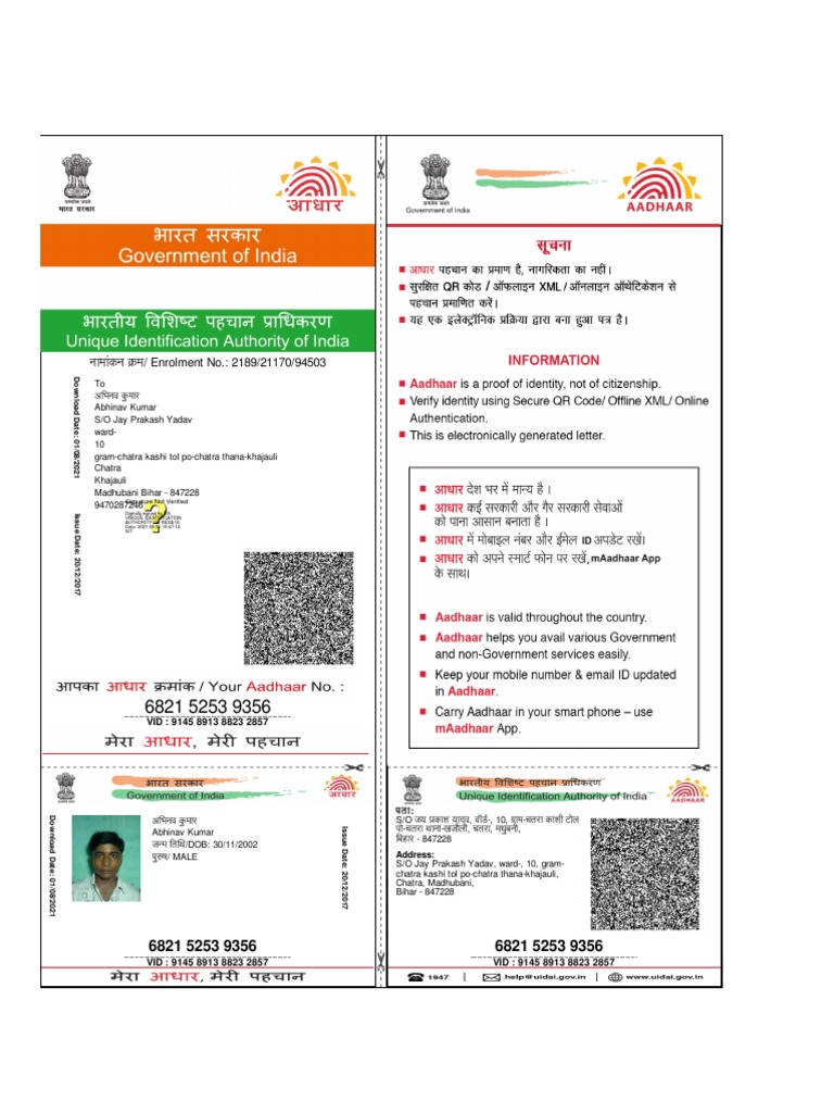 Aadhar Card Details for Abhinav Kumar | PDF