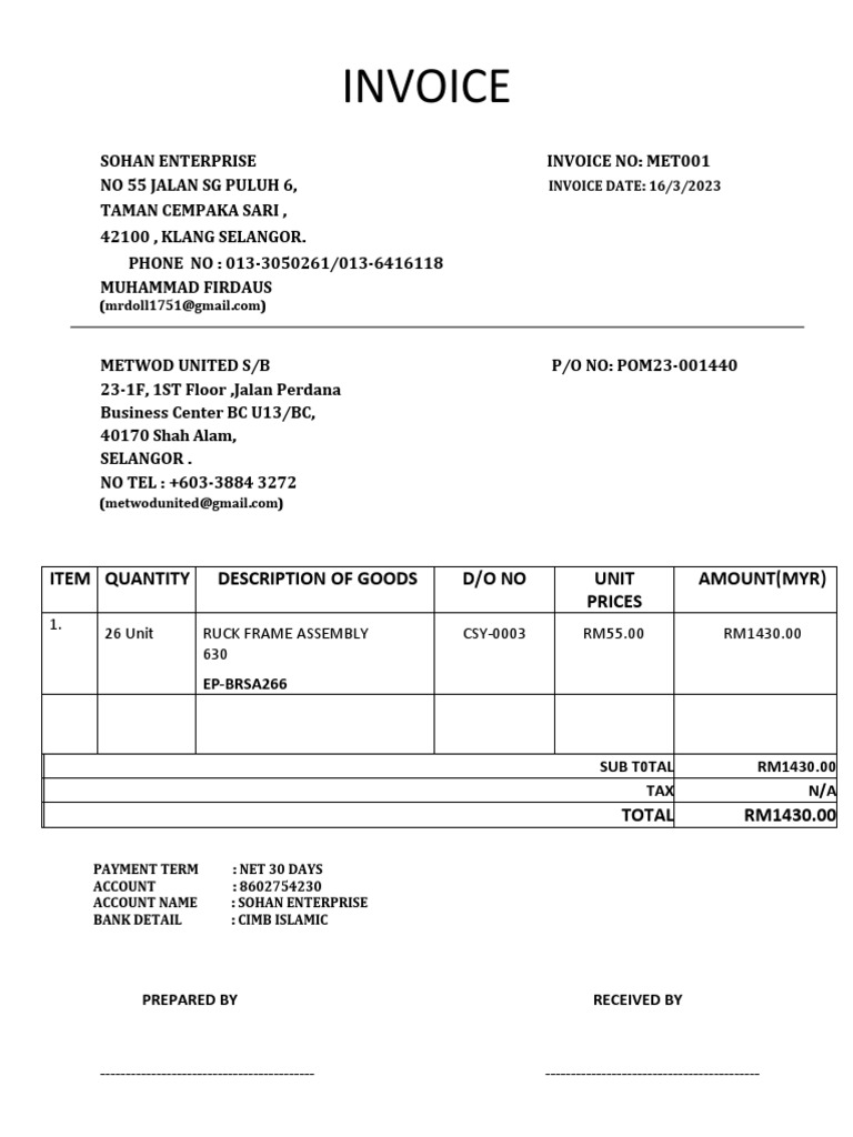 Invoice for Metwod United S/B | PDF