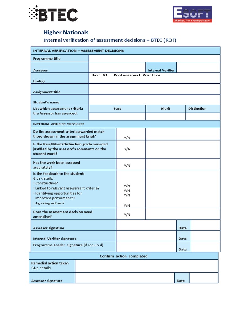 BTEC Assessment Decisions Internal Verification Report Template PDF