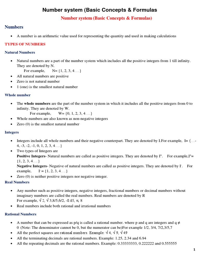 Basic Concepts & Formulas of Number System | PDF | Numbers | Rational ...