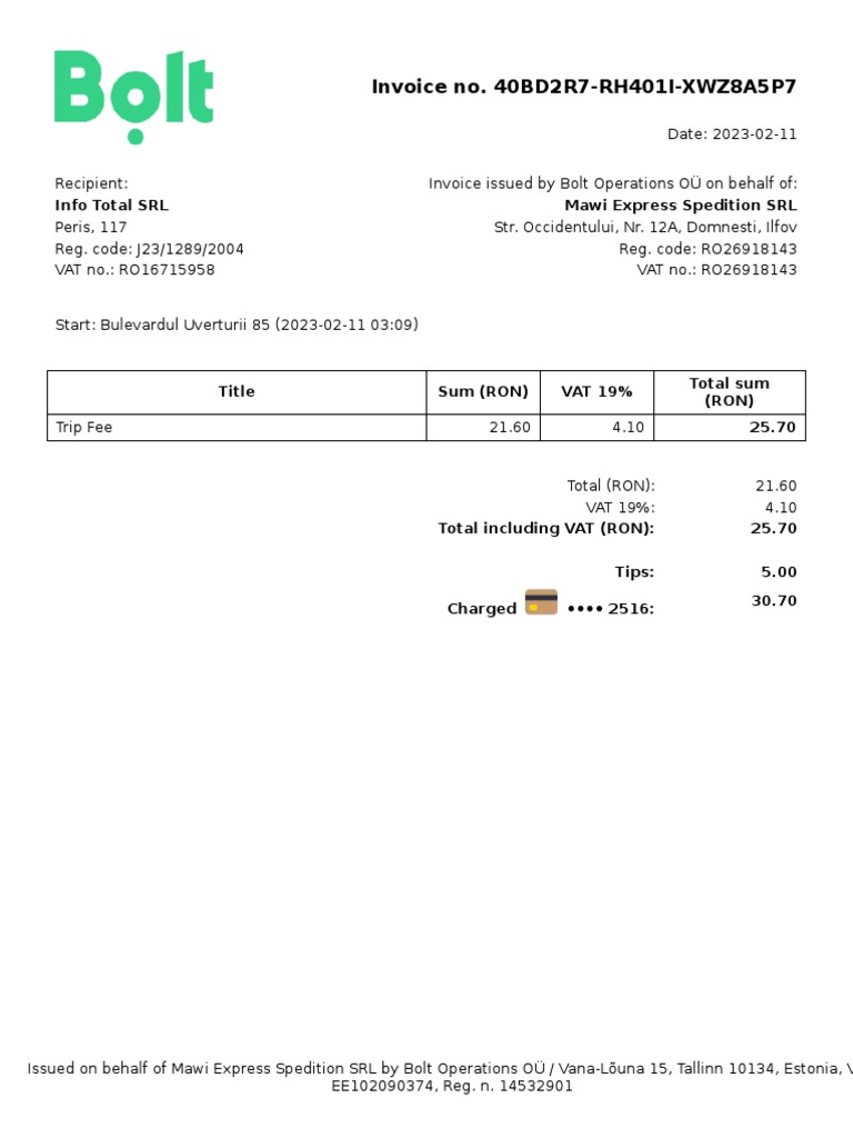 Bolt Invoice for Mawi Express SRL | PDF