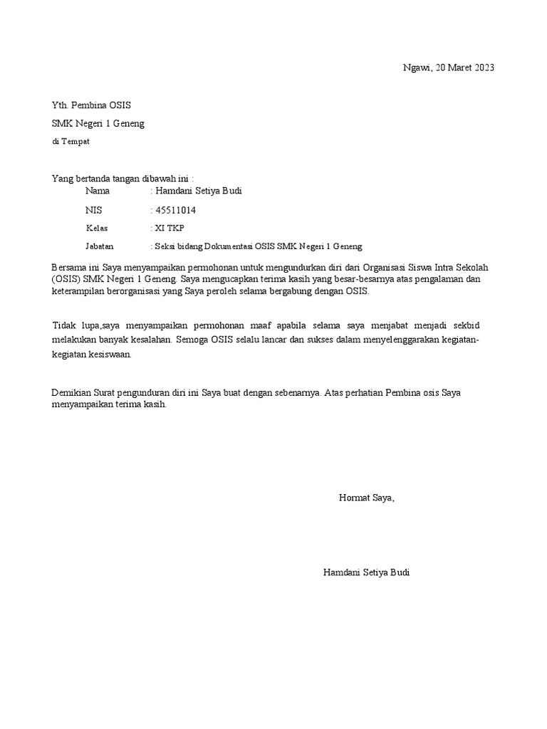 Surat Pengunduran Diri Dari (Osis) | PDF