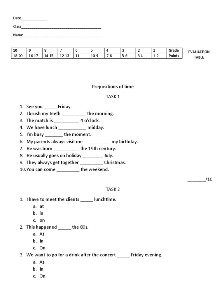 Grammar Test Prepositions of Time | PDF | Home & Garden
