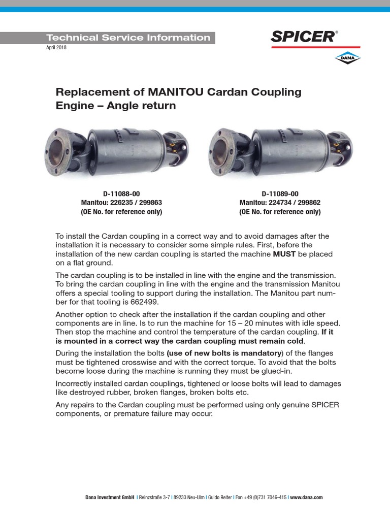 Manitou Cardan Coupling Installation Guide | PDF