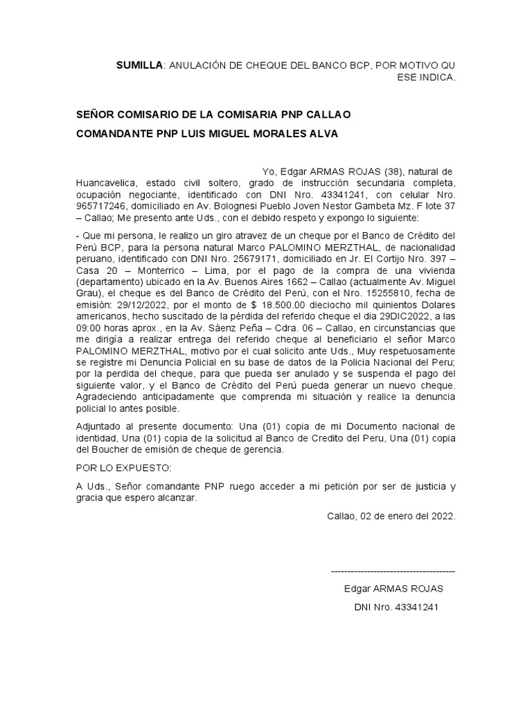 Solicitud de Anulación de Cheque BCP | PDF | Perú | América del Sur