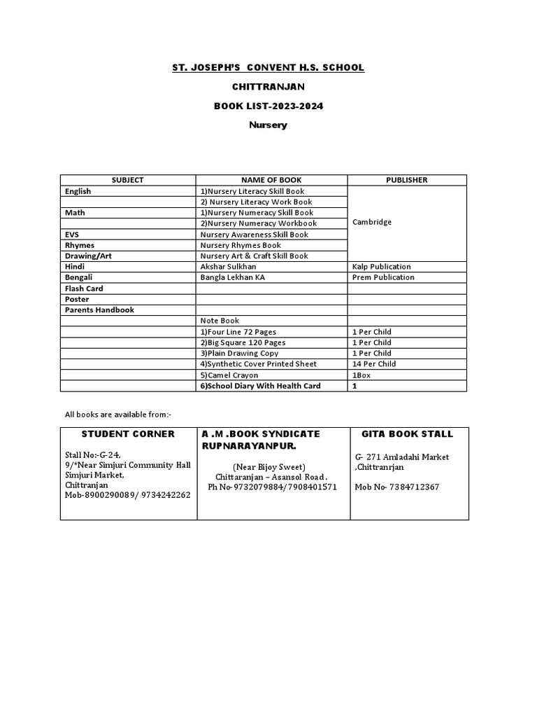 St. Joseph's School Book List 2023-24 | PDF | Books