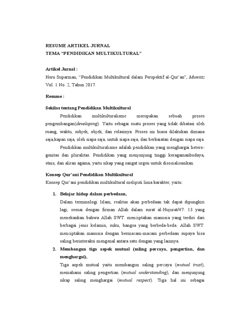 Resume Artikel Jurnal Tema Multikultural Pdf