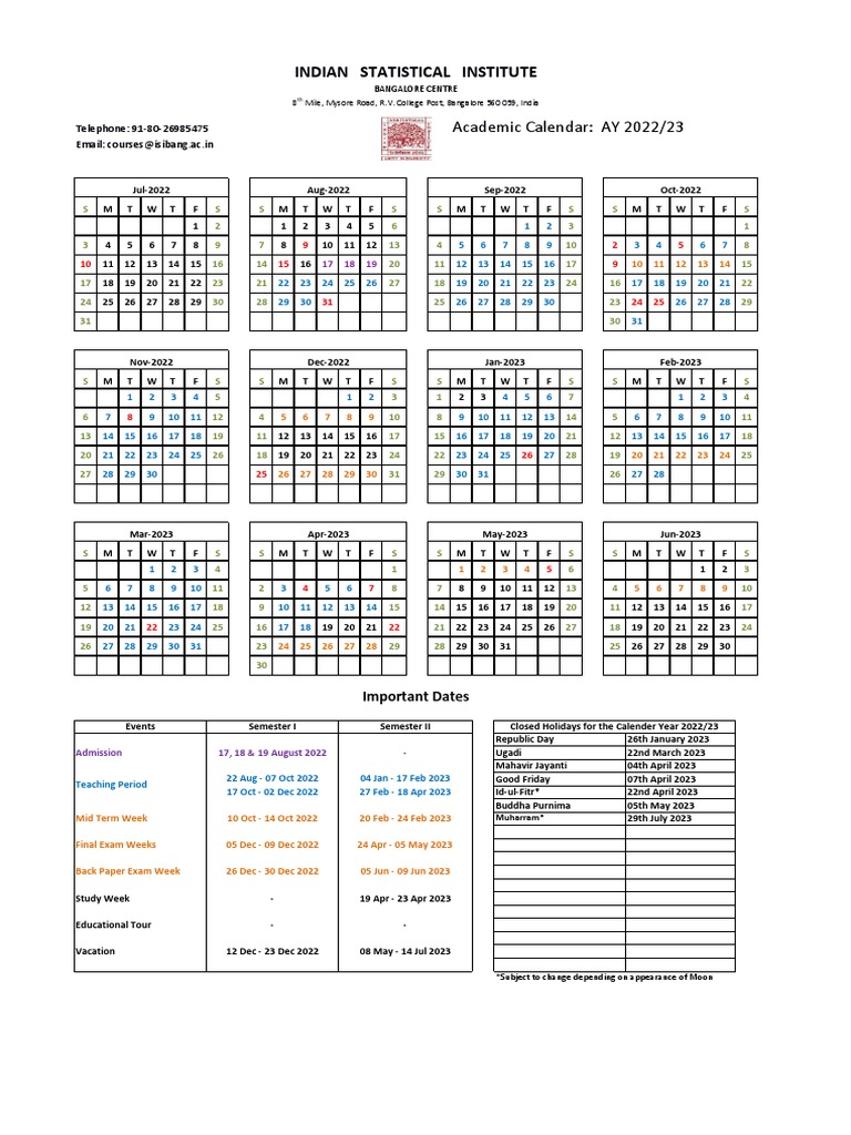 Indian Statistical Institute Academic Calendar AY 2022/23 PDF