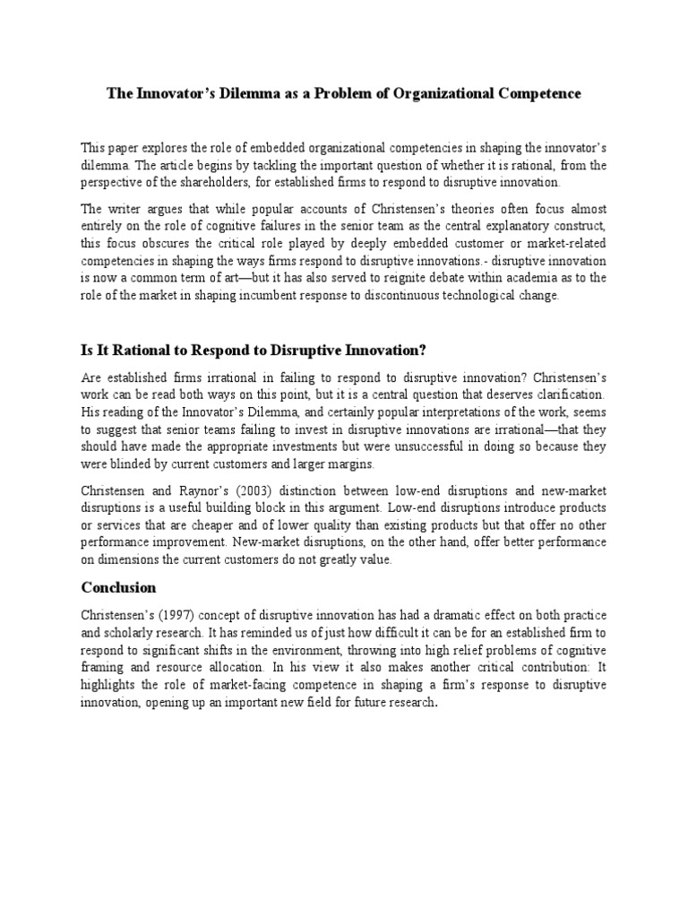 The Innovator's Dilemma As A Problem of Organizational Competence | PDF ...