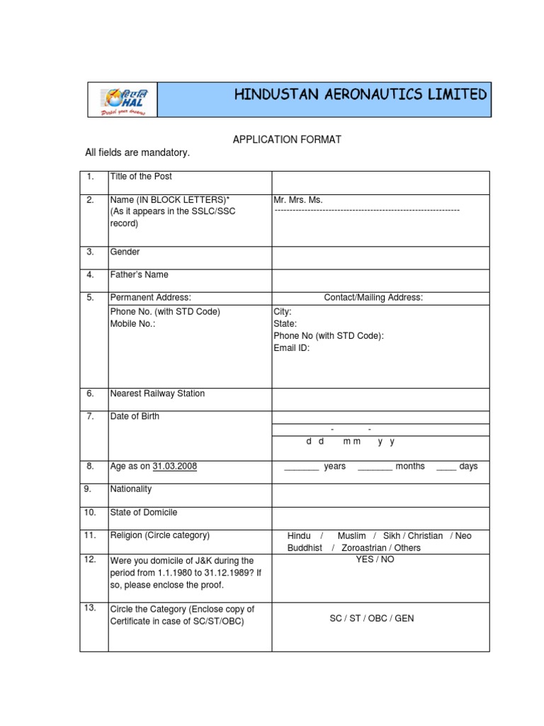 Application Format All Fields Are Mandatory | PDF | Finance & Money ...