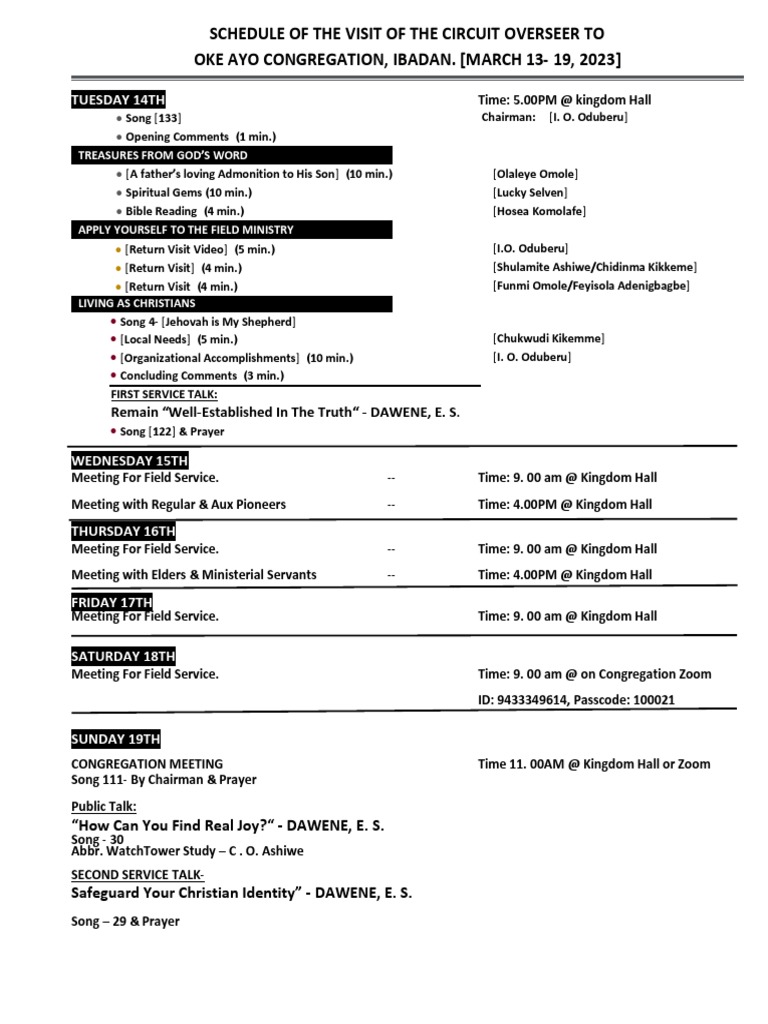 Circuit Overseer Visit Schedule | PDF