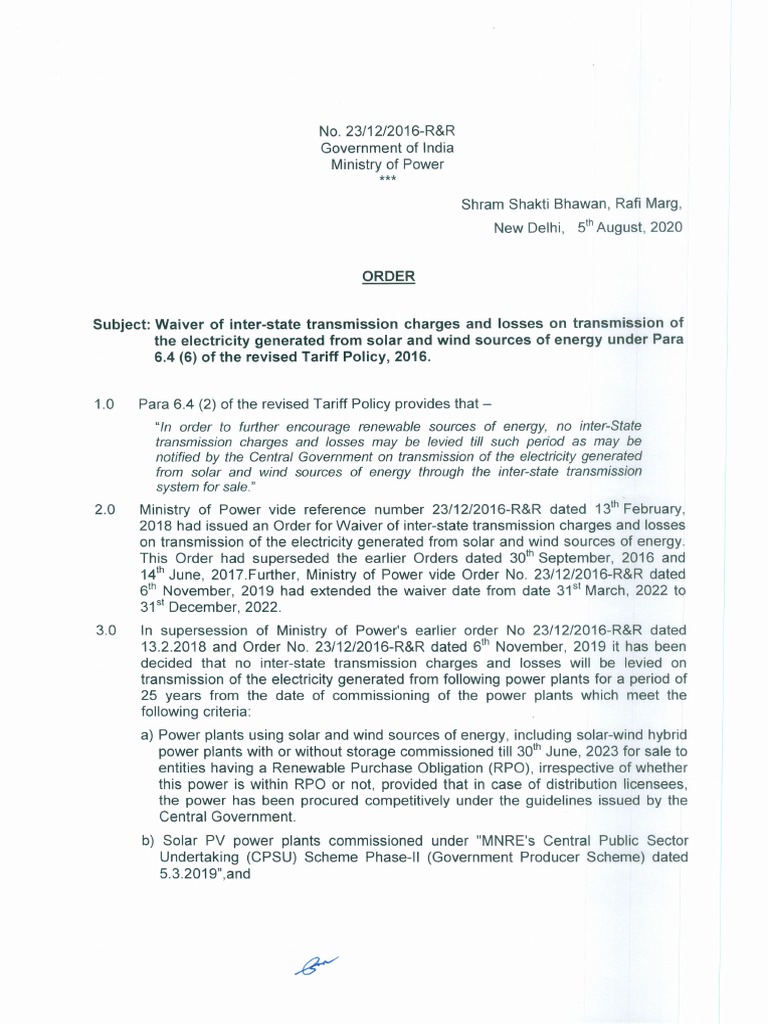 Extension and Expansion of Waiver of InterState Transmission Charges