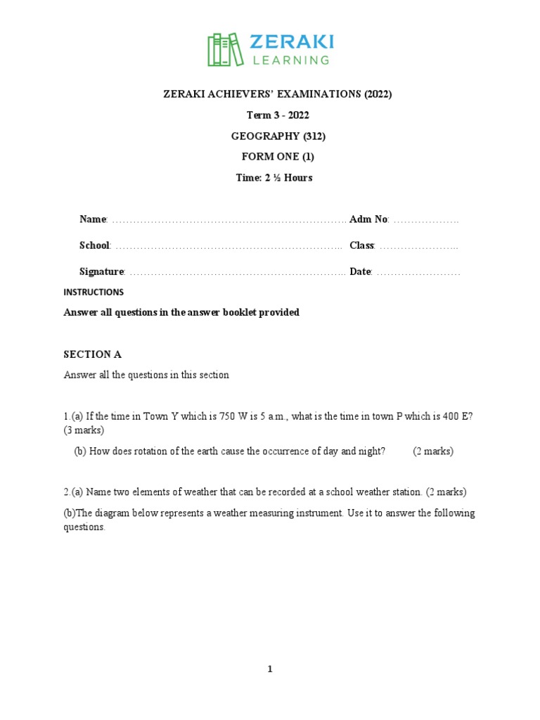 Geography - Geography Form 1 - Question Paper | PDF | Rock (Geology ...