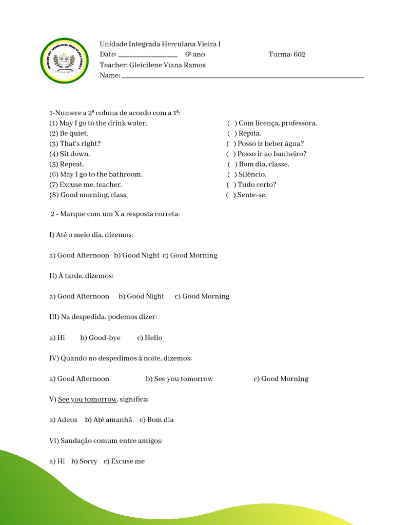 Documento contendo exercícios de inglês sobre saudações, permissões e ...