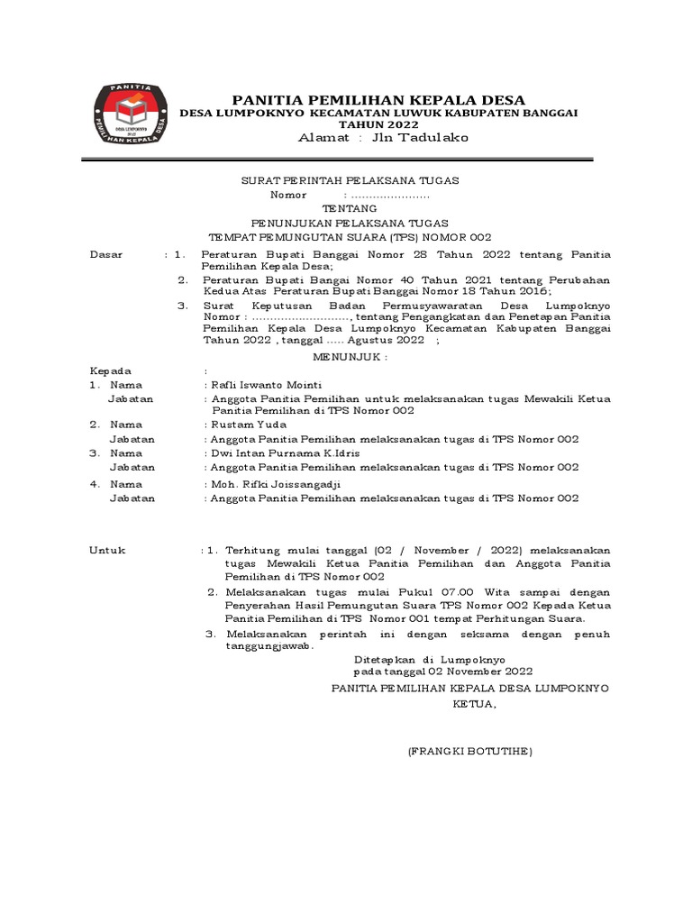 Penunjukan Anggota TPS 002 Lumpoknyo | PDF