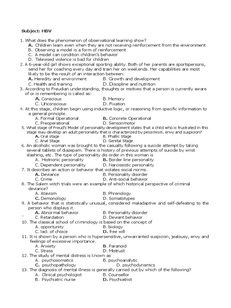 HBV 20 Question PDF Mental Disorder Juvenile Delinquency
